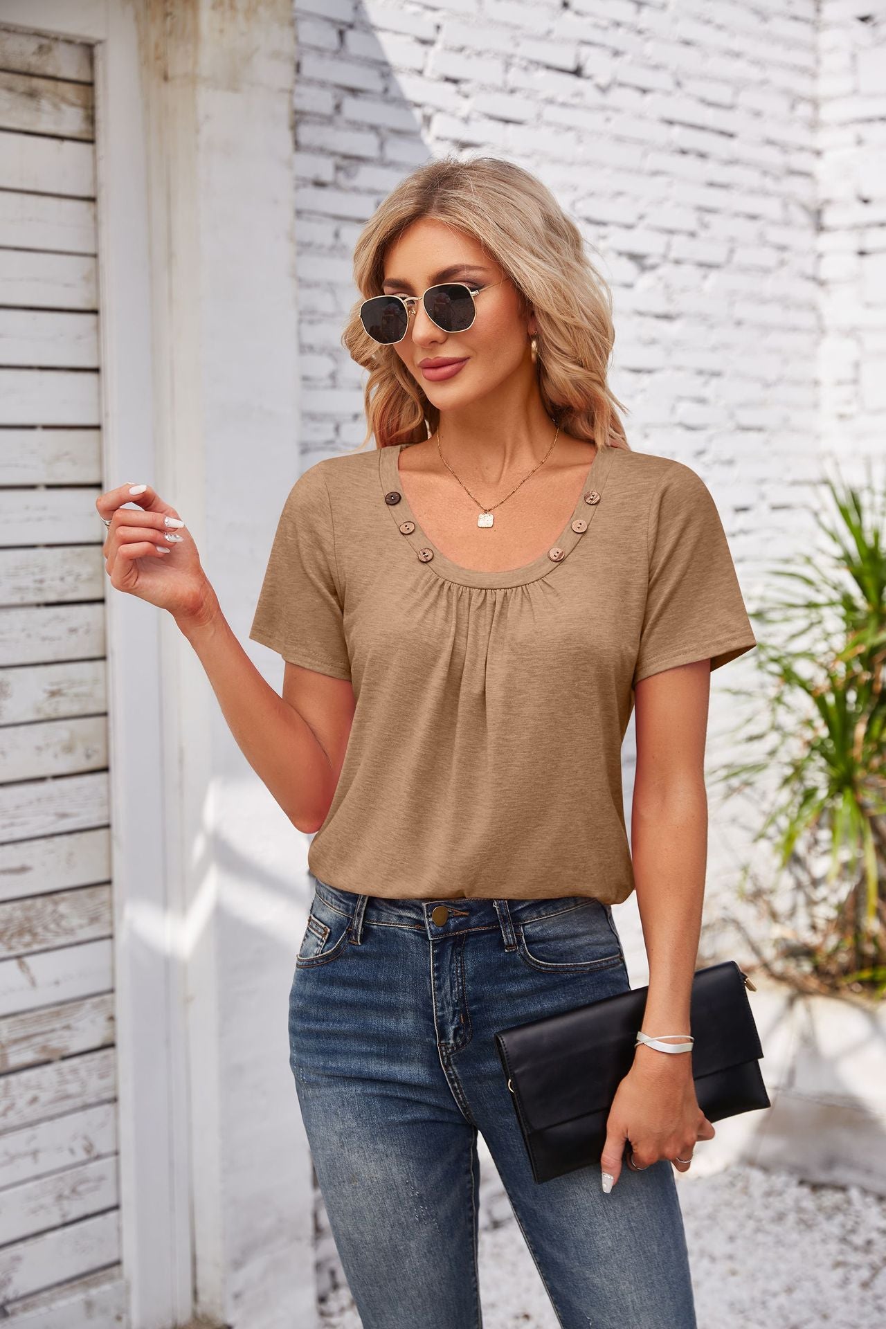 Women's Short-sleeved T-shirt Summer Button Square Collar Pleated Design Solid Color Loose T-shirt Womens Clothing - globaltradeleader