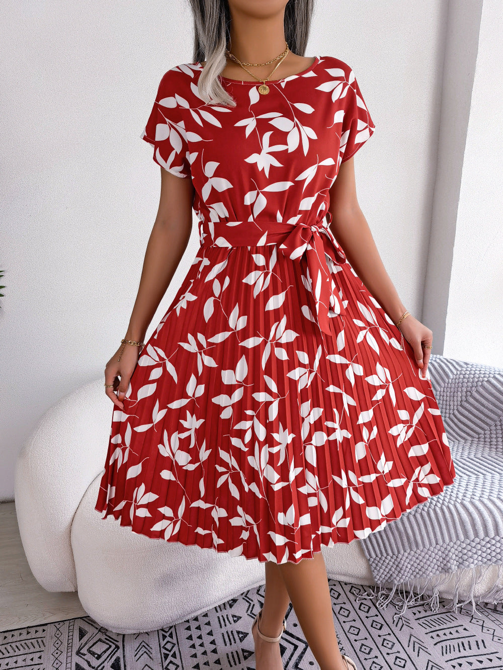 Leaf Print Dress Women Short Sleeve Lace-up Skirt Summer Beach Dress - globaltradeleader