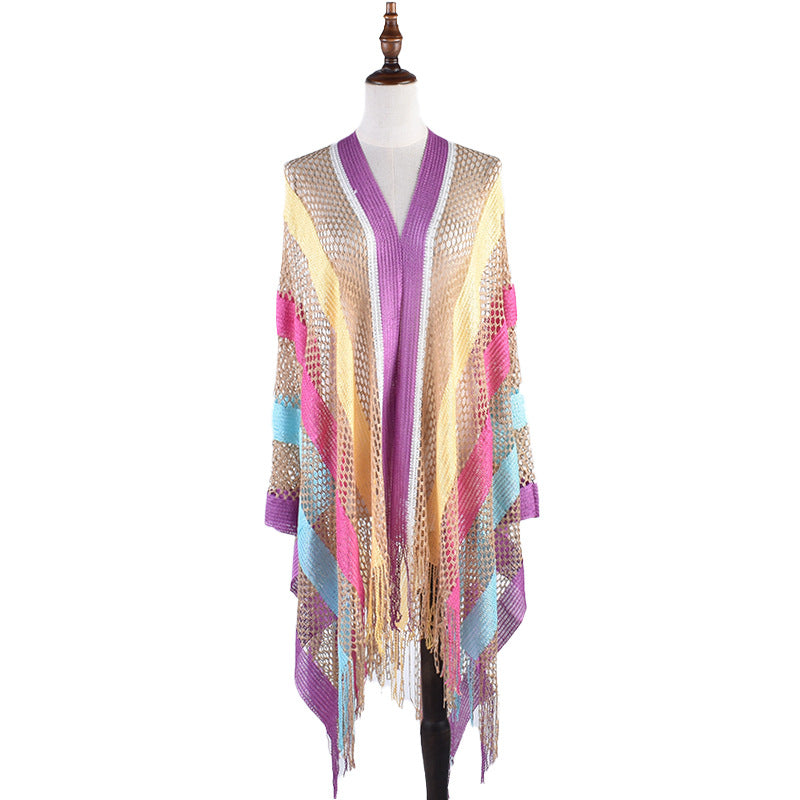 New Korean Style Cutout Long Silk Color Striped Knitted Sunscreen Shawl Thin