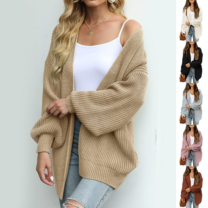 Fashion Lantern-sleeved Sweater With Pockets Casual Loose Solid Knit Cardigan Autumn Tops Womens Clothing - globaltradeleader