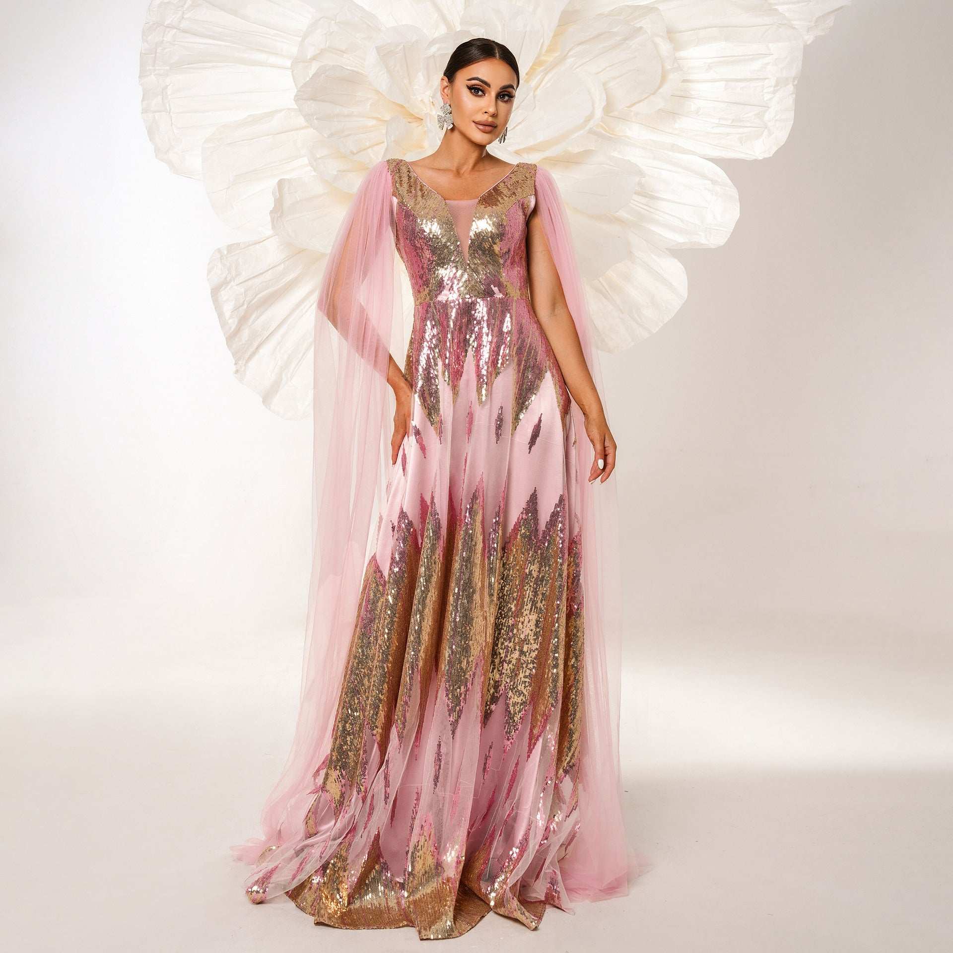 Mesh Long Sleeve V-neck Sequins Large Swing Evening Dress - globaltradeleader