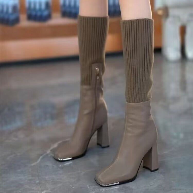 Women's Autumn And Winter Knitting Stretch Socks Square Head Chunky Heel Long Boots - globaltradeleader