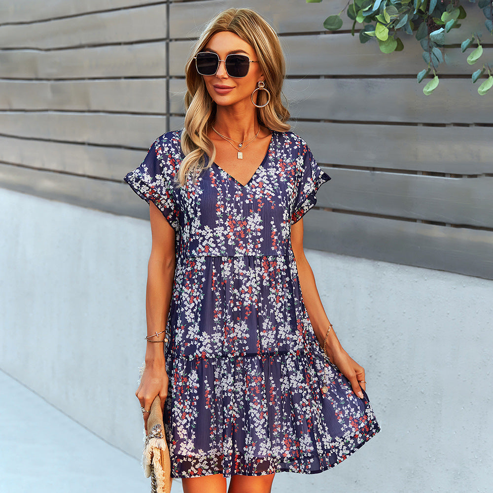 Flowers Print Short-sleeved Dress Summer Loose Chiffon A-line Dresses Fashion Casual Holiday Beach Dress For Womens Clothing - globaltradeleader