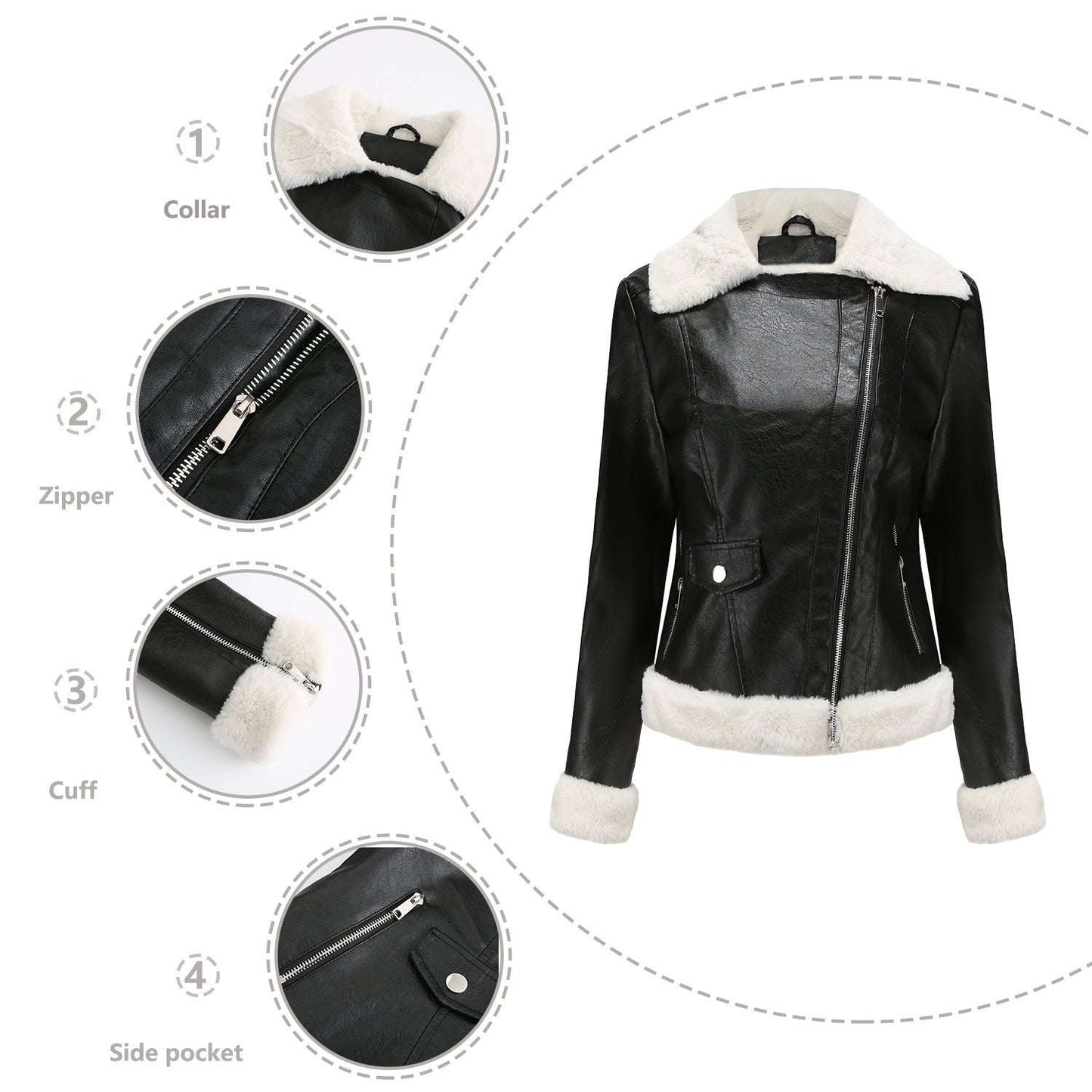Fleece Leather Jacket Female European Code Warm Long Sleeves Turn-down Collar Coat - globaltradeleader
