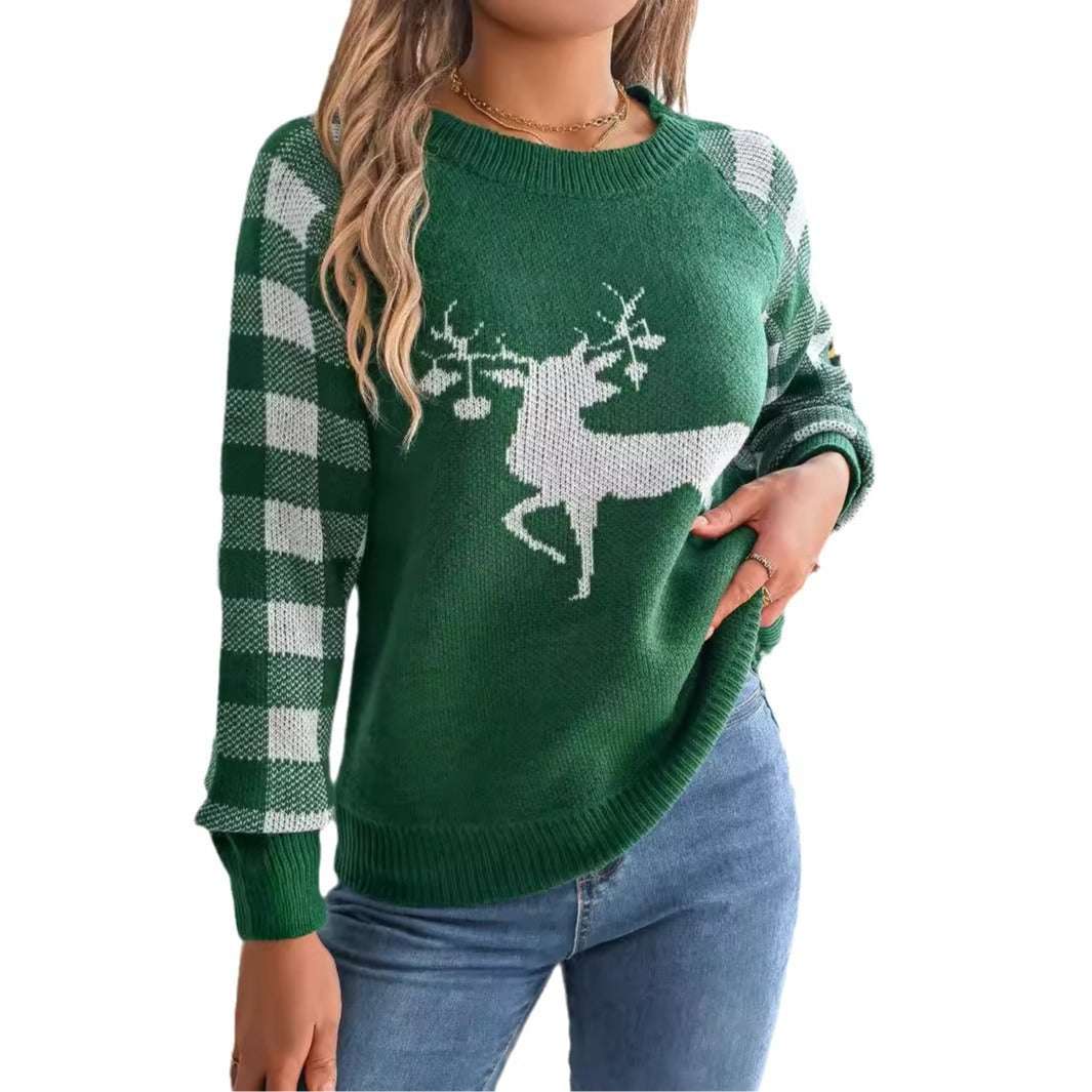 Christmas Women's Casual Plaid Deer Long Sleeve Pullover Sweater - globaltradeleader