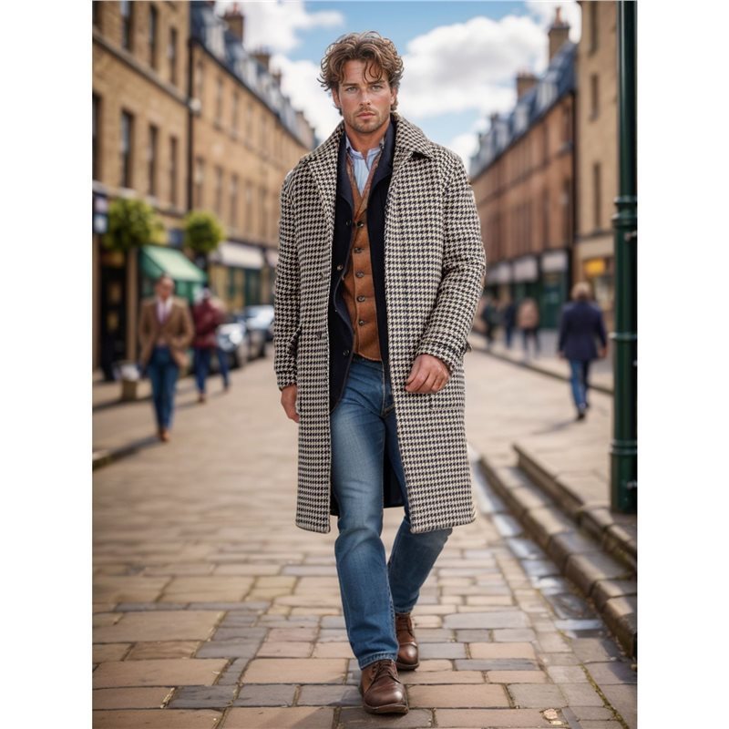 Men's Mid-length Woolen Coat Houndstooth Quilted - globaltradeleader