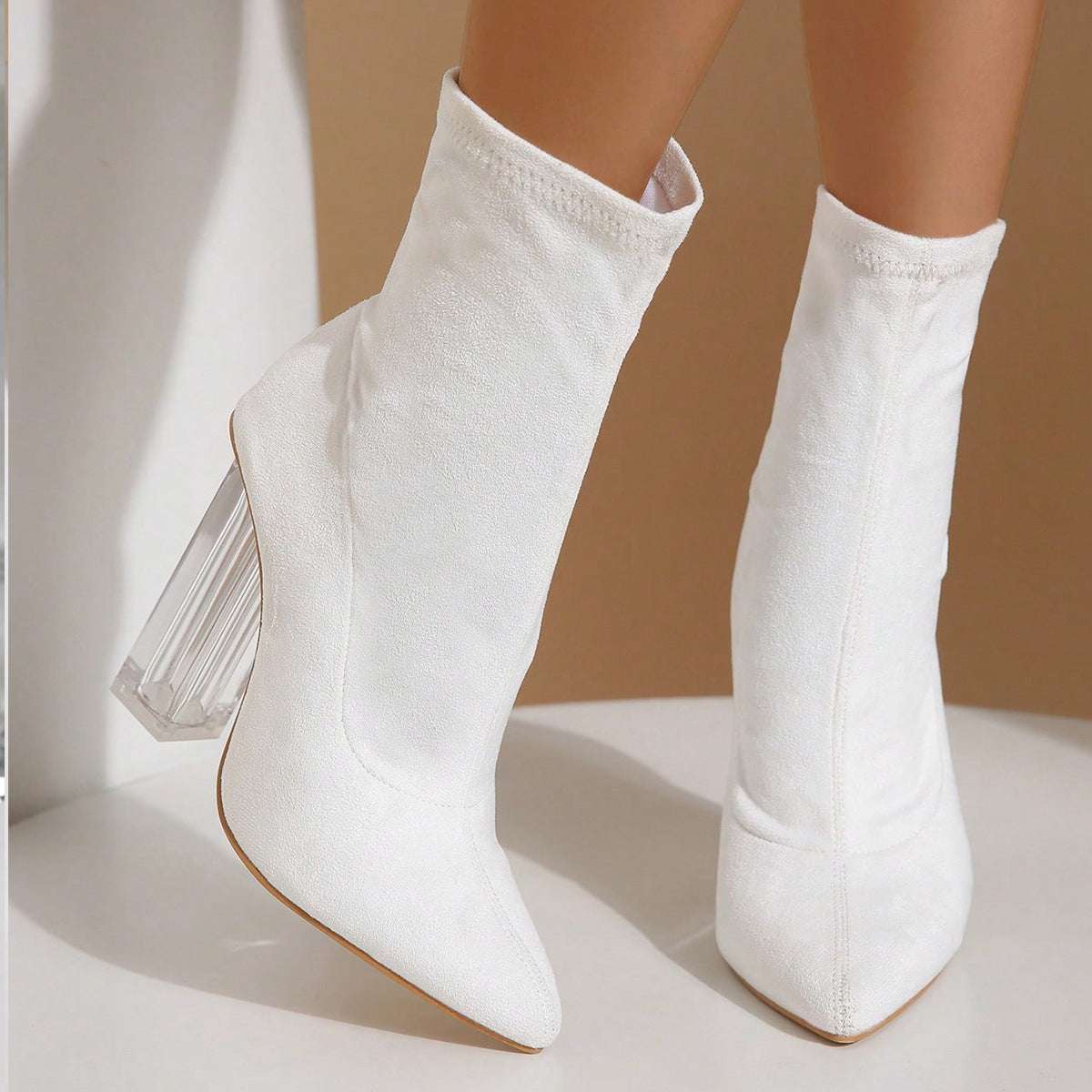 New Crystal Heel Boots Fashion High-heeled Party Shoes For Women Elastic Mid-calf Slim-foot Boots Autumn And Winter - globaltradeleader