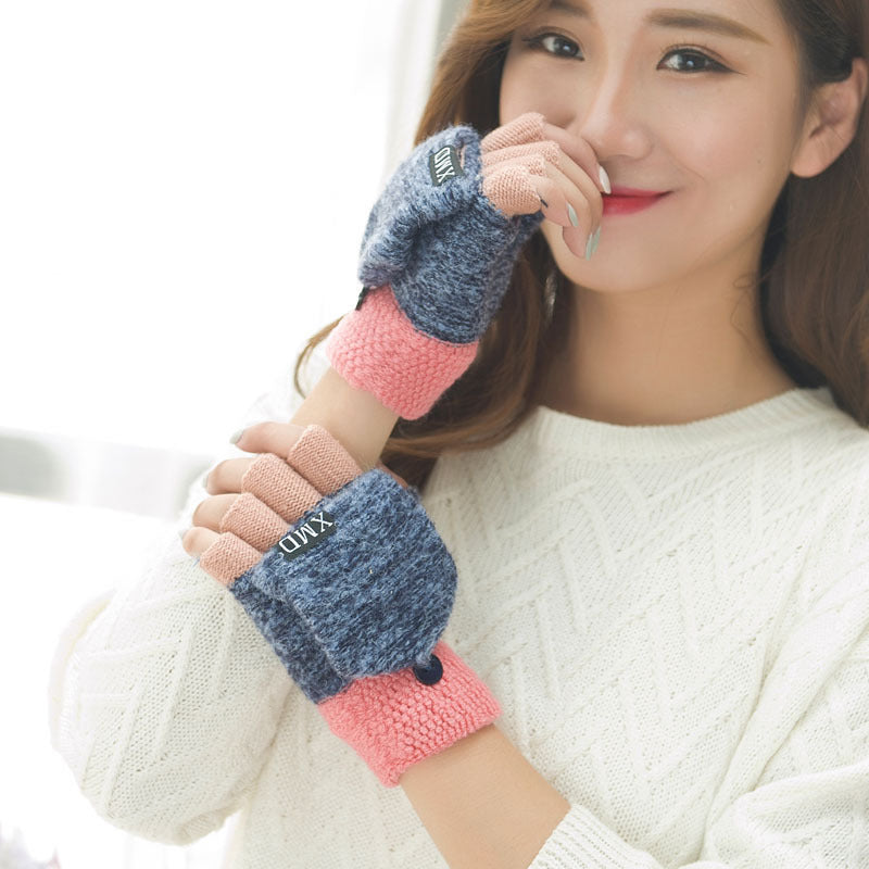 Women's half finger gloves wholesale female autumn winter Korean version of warm lovable double use of double finger wool gloves students - globaltradeleader