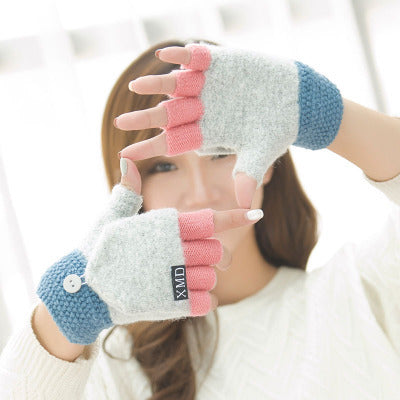 Women's half finger gloves wholesale female autumn winter Korean version of warm lovable double use of double finger wool gloves students - globaltradeleader