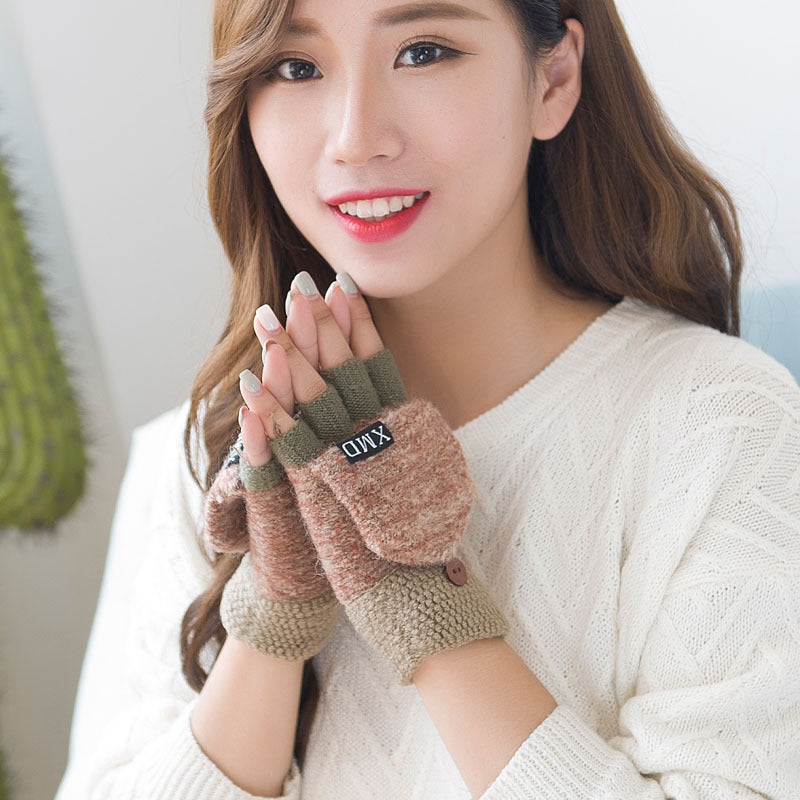 Women's half finger gloves wholesale female autumn winter Korean version of warm lovable double use of double finger wool gloves students - globaltradeleader