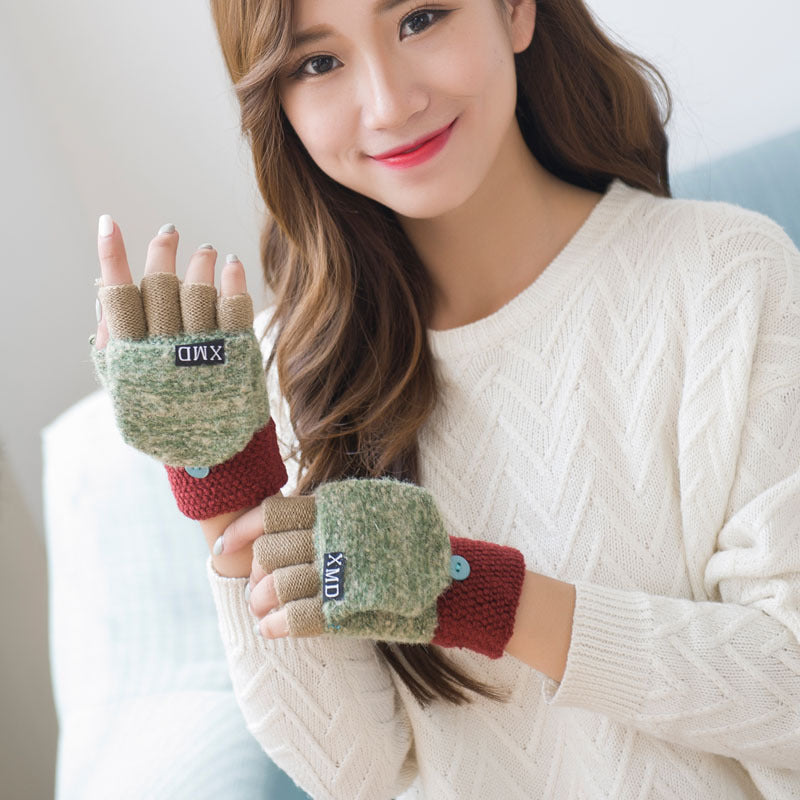 Women's half finger gloves wholesale female autumn winter Korean version of warm lovable double use of double finger wool gloves students - globaltradeleader