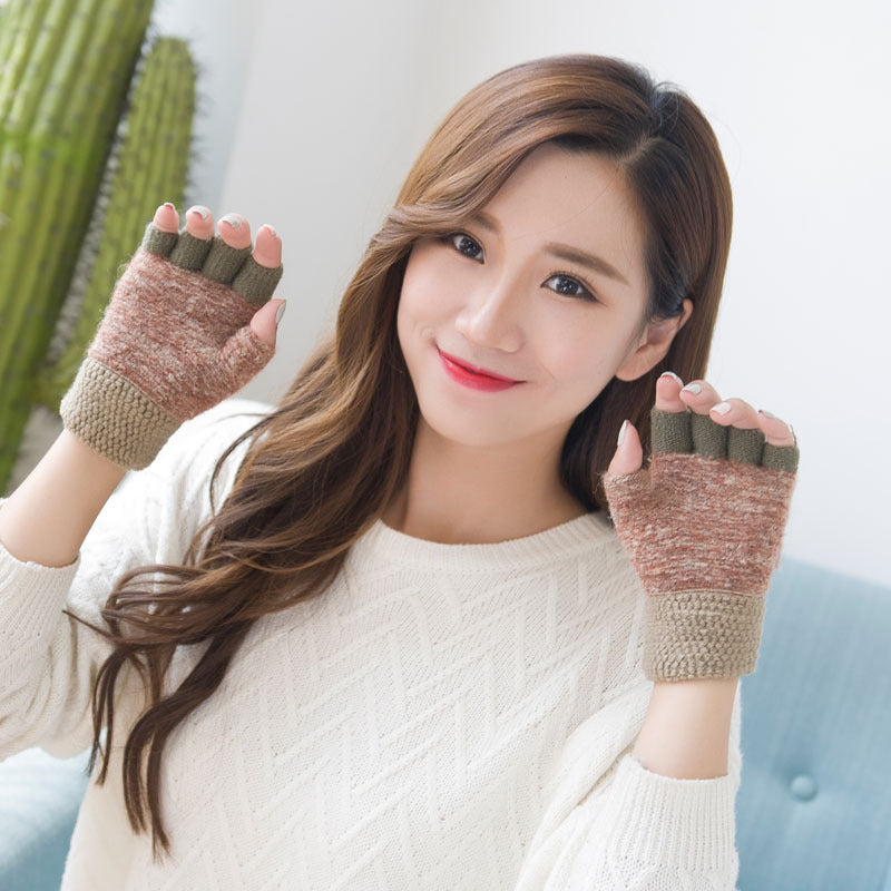 Women's half finger gloves wholesale female autumn winter Korean version of warm lovable double use of double finger wool gloves students - globaltradeleader