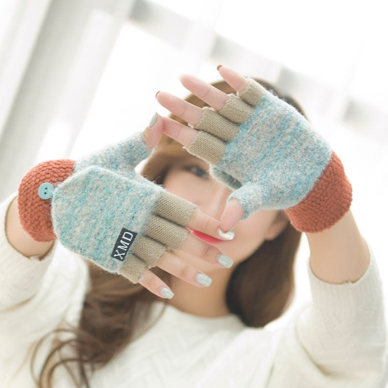 Women's half finger gloves wholesale female autumn winter Korean version of warm lovable double use of double finger wool gloves students - globaltradeleader