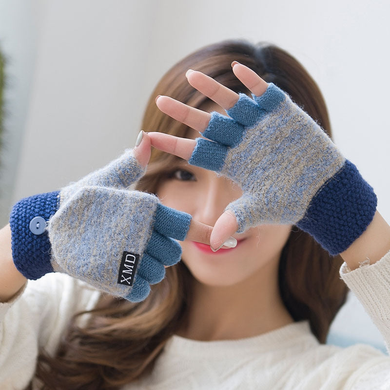 Women's half finger gloves wholesale female autumn winter Korean version of warm lovable double use of double finger wool gloves students - globaltradeleader