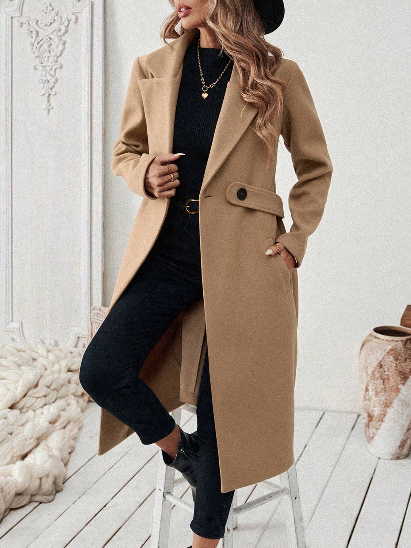 Flat Collar Solid Color Pocket With Belt Long Sleeve Autumn Winter Coat Jacket - globaltradeleader