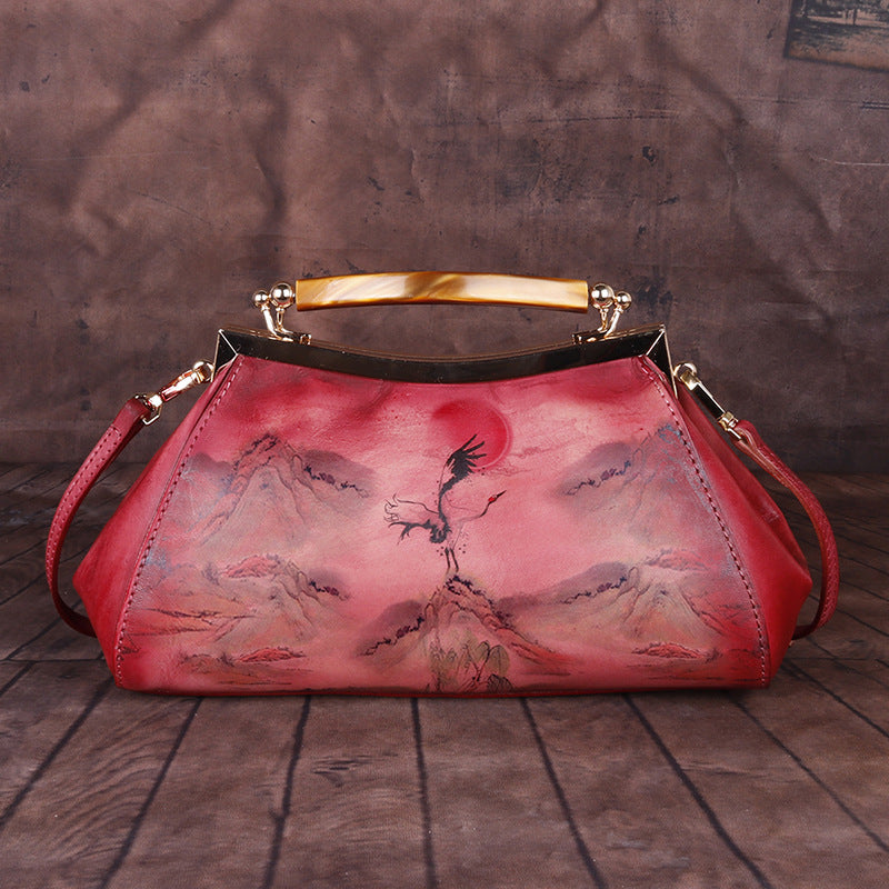 Female bag cheongsam cowhide embossed red sun crane hand rub color clip bag