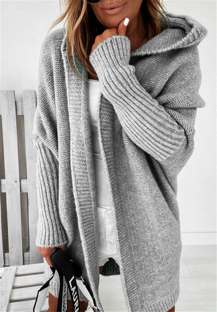 Fashion Bat Sleeve Hooded Cardigan Oversized Loose Temperament Solid Color Sweater Womens Clothing - globaltradeleader