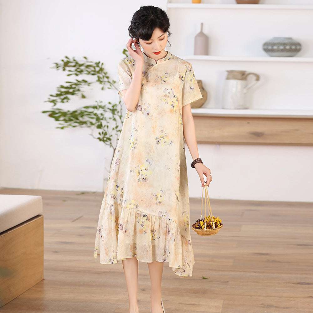 Women's Chinese Stand Collar Print Improved Cheongsam Literary Button Dress