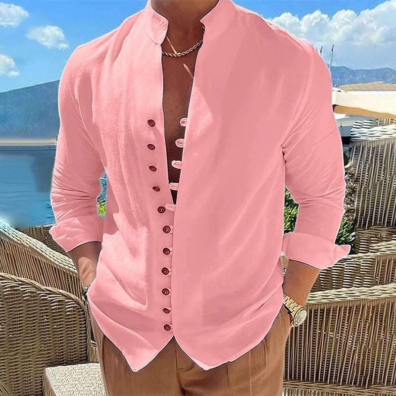 Retro Button Design Long-sleeved Shirt Men's Casual Loose Top Mens Clothing - globaltradeleader