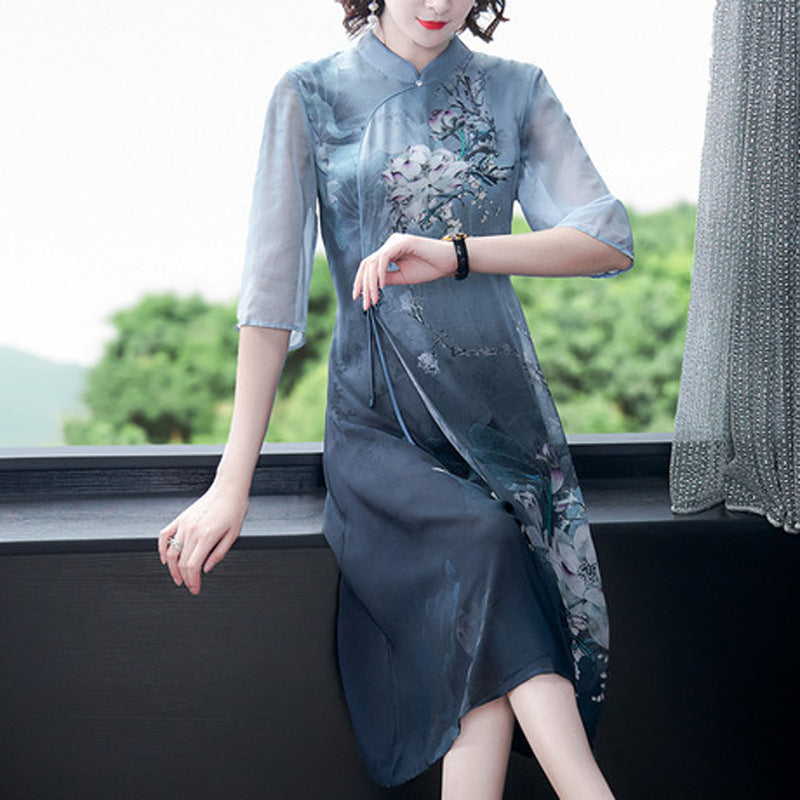 Chinese style printed silk cheongsam