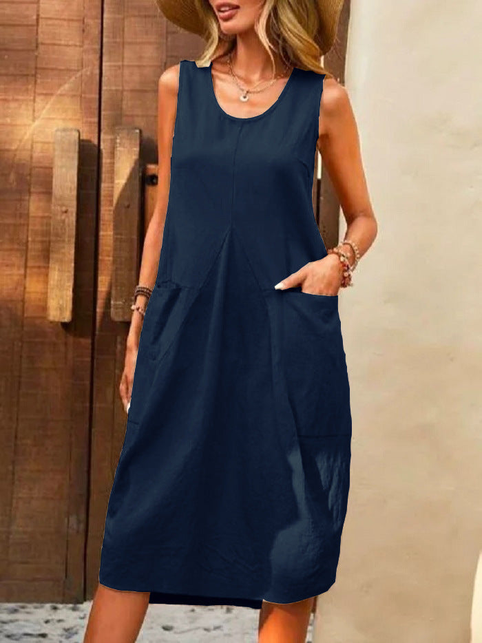 Sleeveless U-neck Dress With Pockets Design Casual Solid Color Loose Dresses Summer Fashion Womens Clothing - globaltradeleader