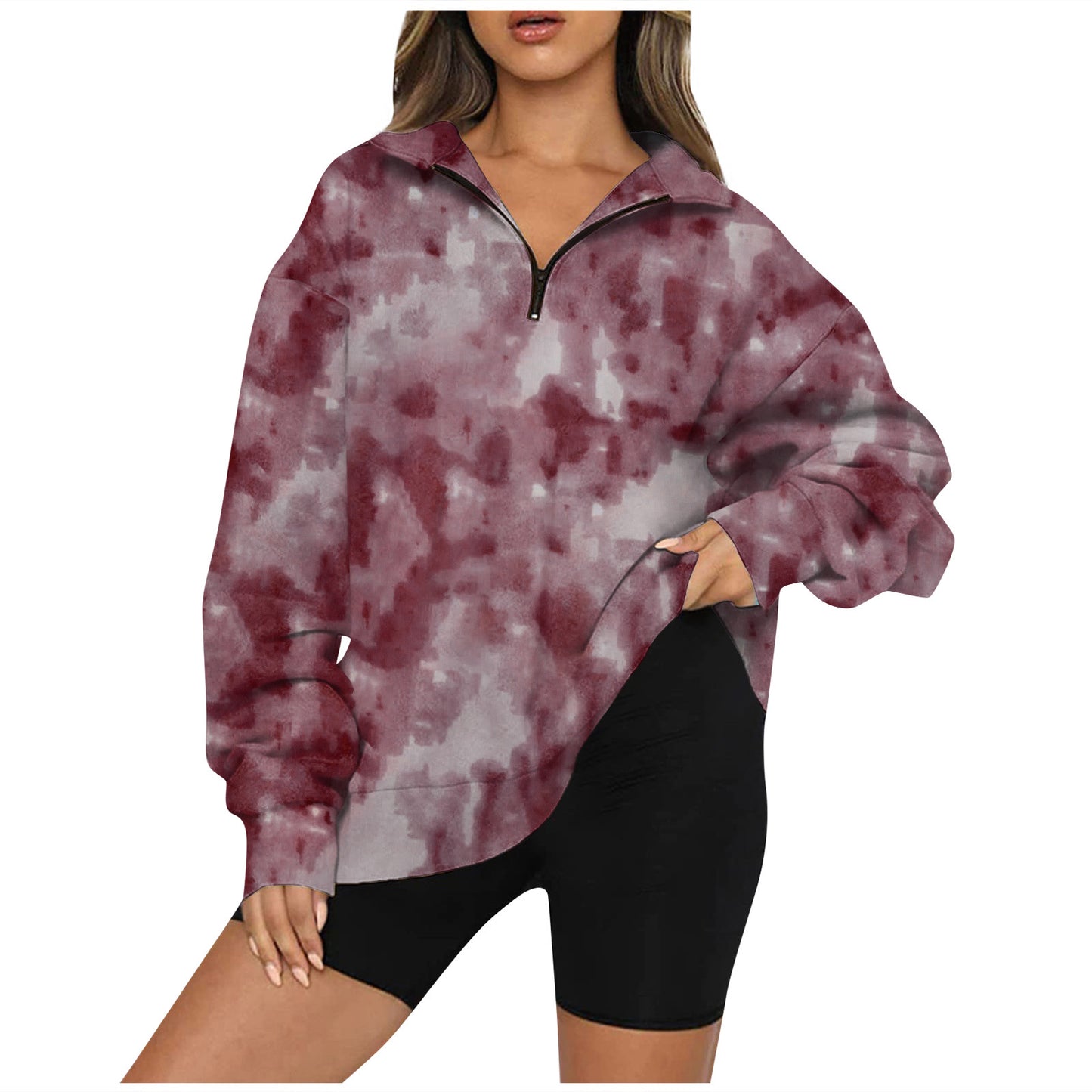 Tie Dye Printed Zippered Lapels Sweatshirt Womens Clothing Long Sleeve Loose Pocketless Top - globaltradeleader