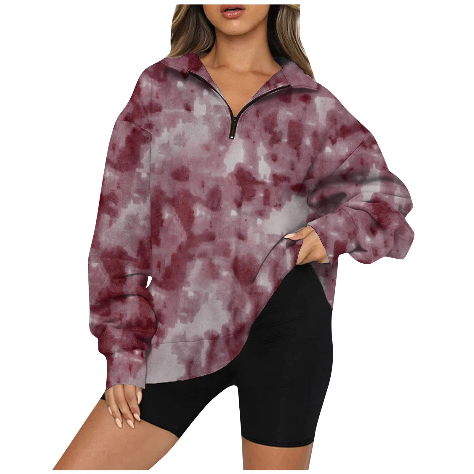 Tie Dye Printed Zippered Lapels Sweatshirt Womens Clothing Long Sleeve Loose Pocketless Top - globaltradeleader