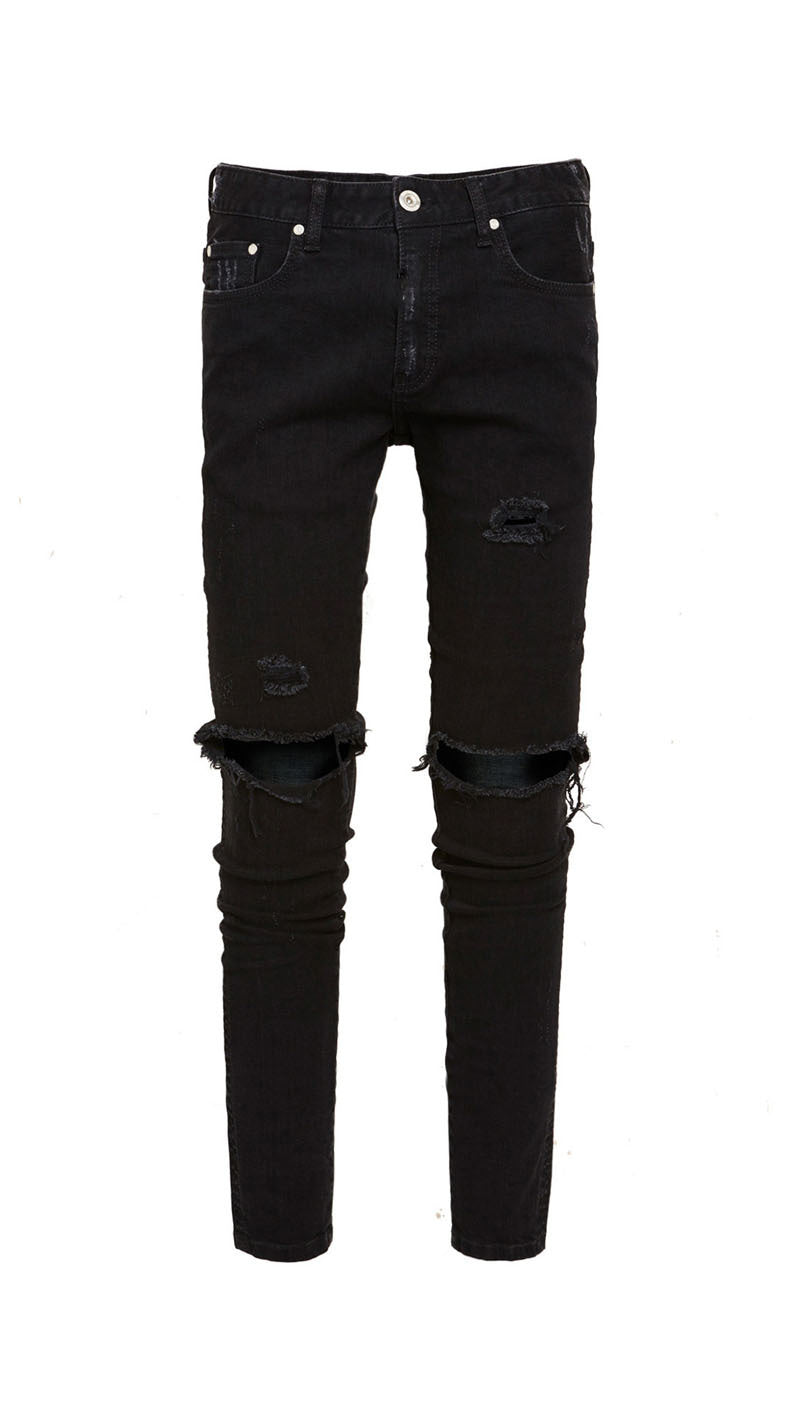 Pure Black Stretch Jeans With Holes For Men