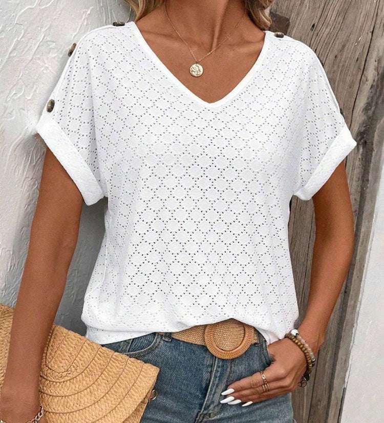Button Solid Color Circle Loose Short Sleeve T-shirt For Women - globaltradeleader