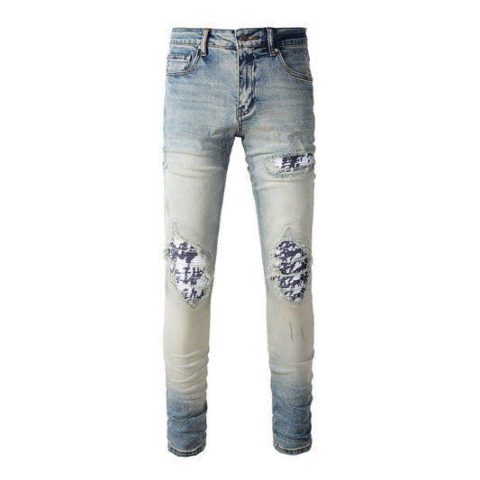 American High Street Fashionable Men's Ripped Black And White Patch Jeans - globaltradeleader