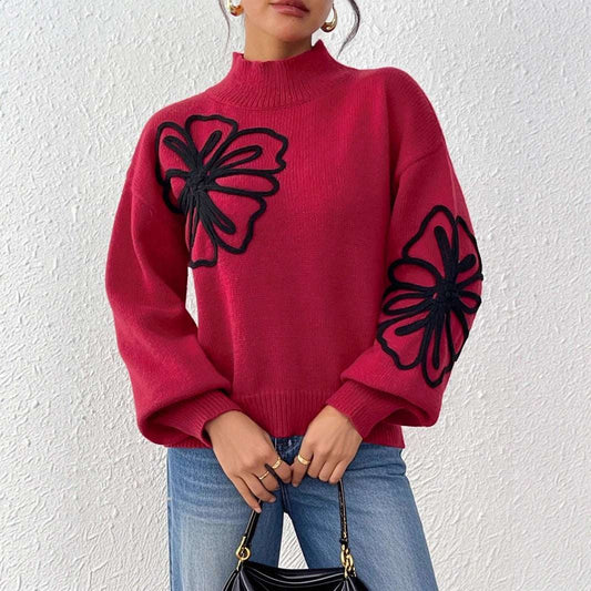 Women's Three-dimensional Ribbon Embroidery Flower Mock Neck Sweater - globaltradeleader