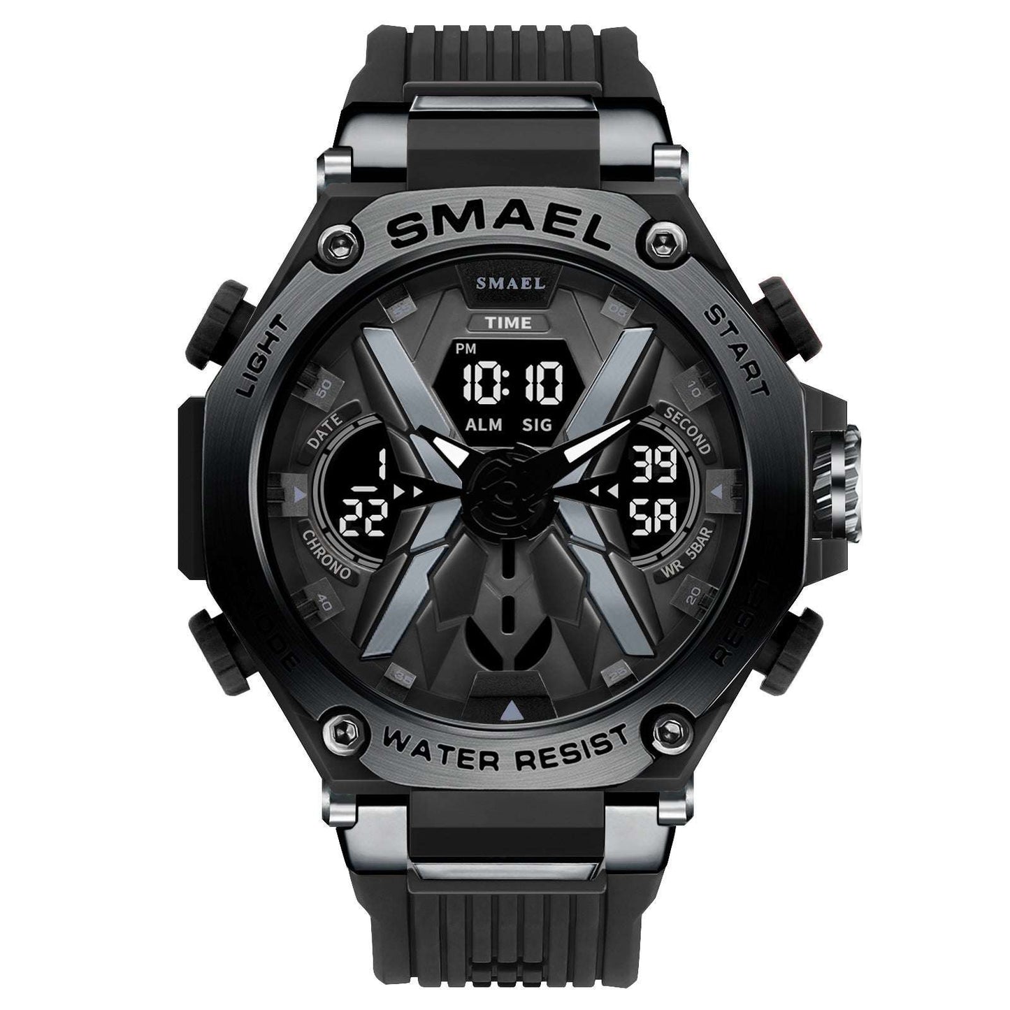 Multifunctional Digital Double Display Waterproof Alloy Sports Men Quartz Watch