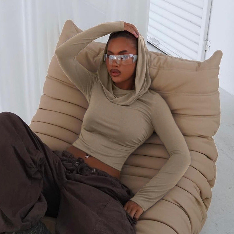 European And American Solid Color Swing Collar Hooded Long Sleeve Skinny Short T-shirt - globaltradeleader