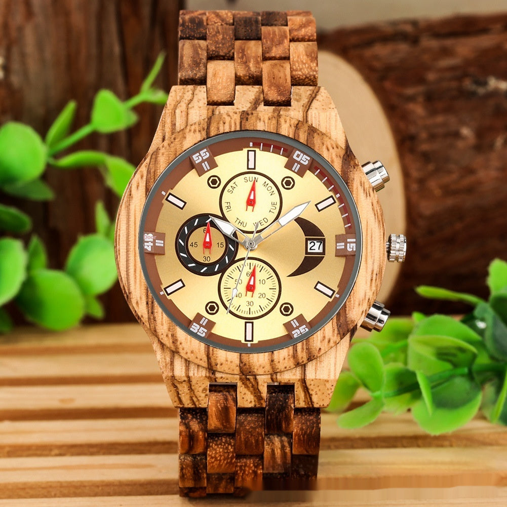 New Multi-functional Calendar Full Wood Band Quartz Watch - globaltradeleader