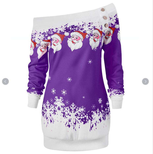 Christmas Women'S Positioning Printing One-Shoulder Long-Sleeved T-Shirt Sweater