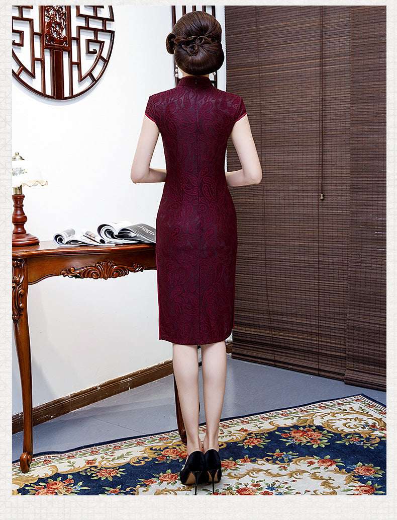 Engagement Banquet Wedding Cheongsam Lace Short Sleeve Cheongsam Dress