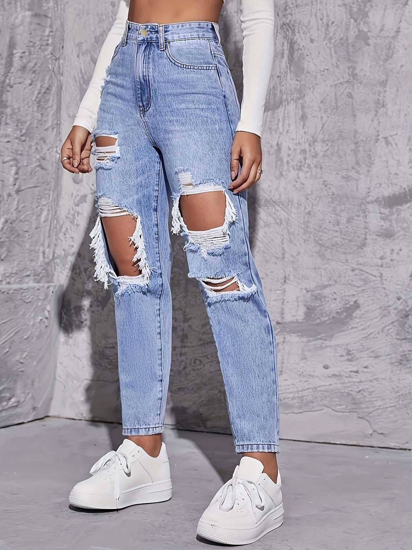 Casual High Waist Ripped Denim Trousers - globaltradeleader