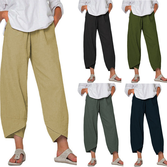 Cotton And Linen Wide Leg Pants Solid Color High Waist Loose Casual Trousers For Women - globaltradeleader