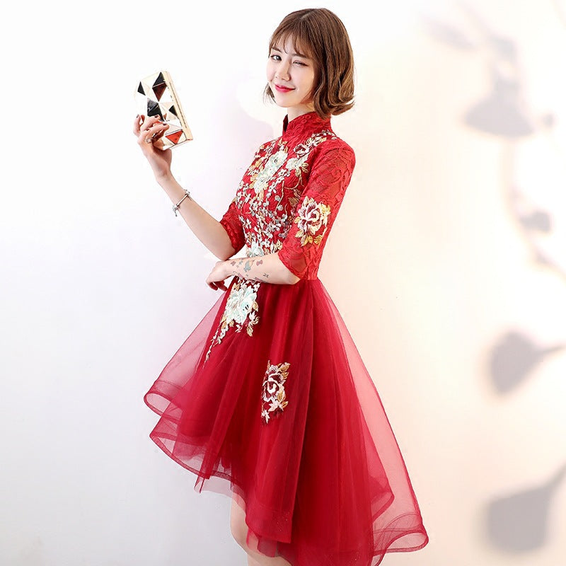 Chinese Toast Gown Bride's New Short Front And Long Back Modern Slimming Chinese Style Evening Dress