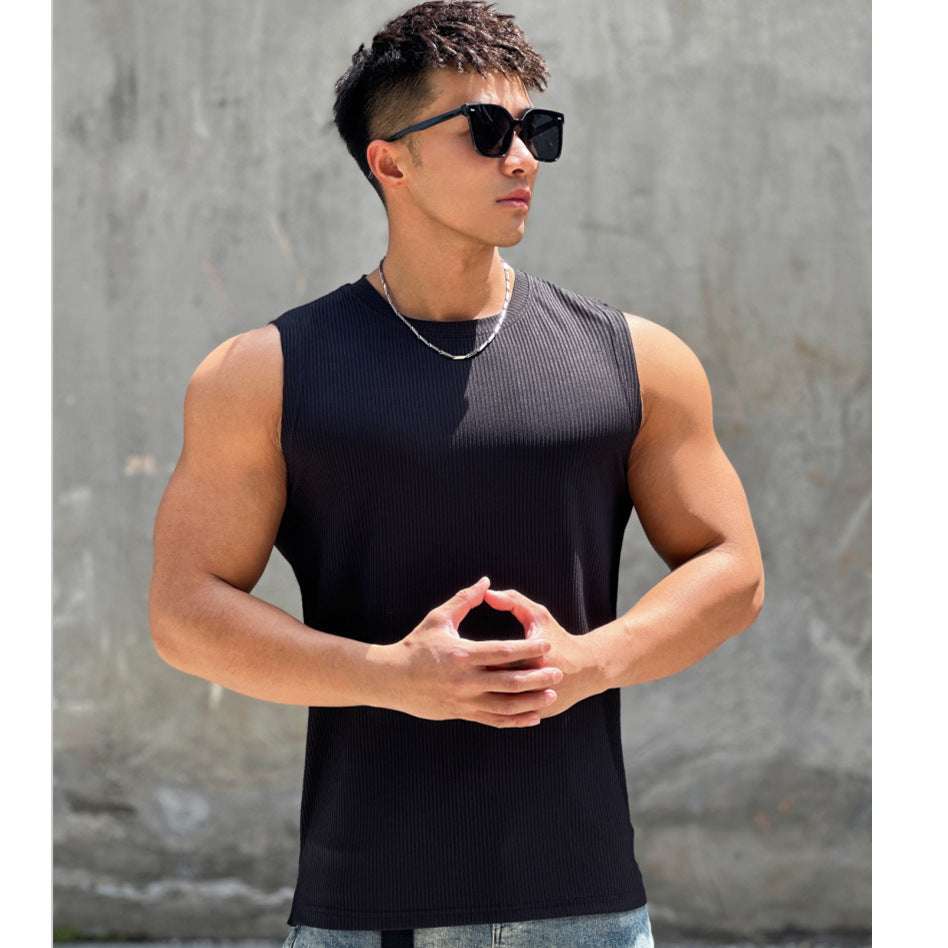 Summer Workout Vest Exercise Sleeveless Round Neck Striped Quick-drying Breathable Basketball Running Training Clothing Men - globaltradeleader