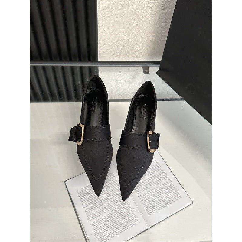 Chunky Heel Mid Heel Belt Buckle Black Leather Shoes - globaltradeleader