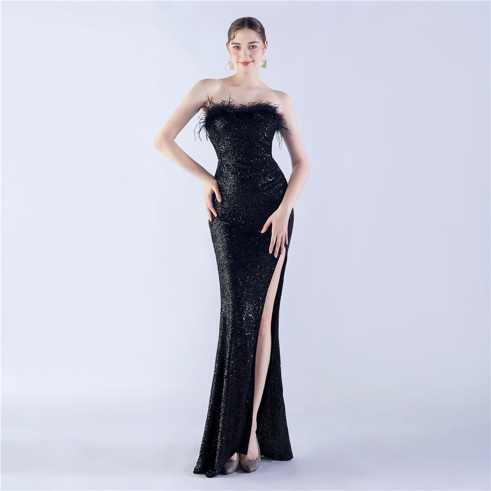 Ostrich Feather Shrink Folding Wrinkle Craft Host High-end Evening Dress - globaltradeleader