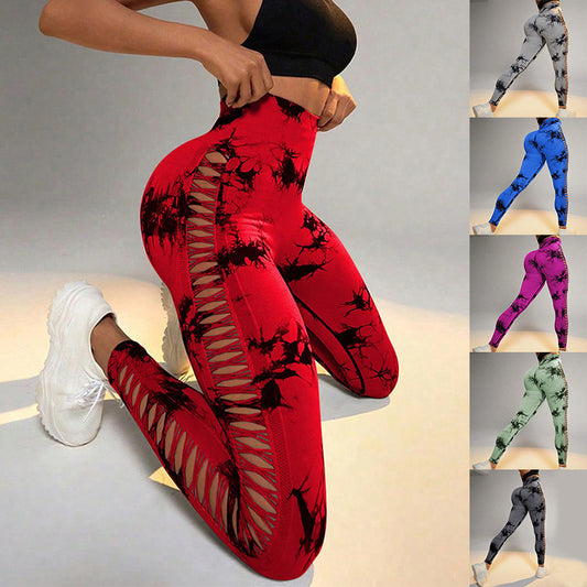 Hollow Tie Dye Printed Yoga Pants High Waist Butt Lift Seamless Sports Gym Fitness Leggings Slim Pants For Women Tight Trousers - globaltradeleader