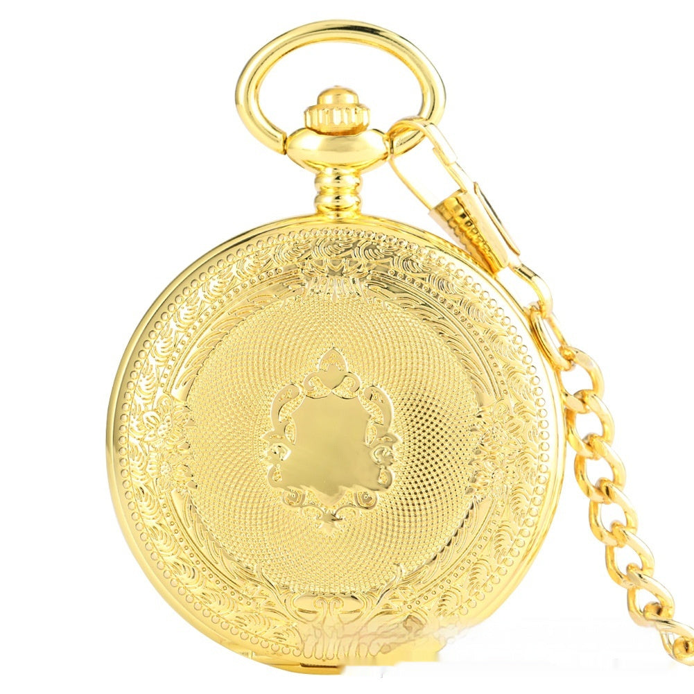 Flip Necklace Gold Double-sided Carved Shield Manual Manipulator Pocket Watch - globaltradeleader