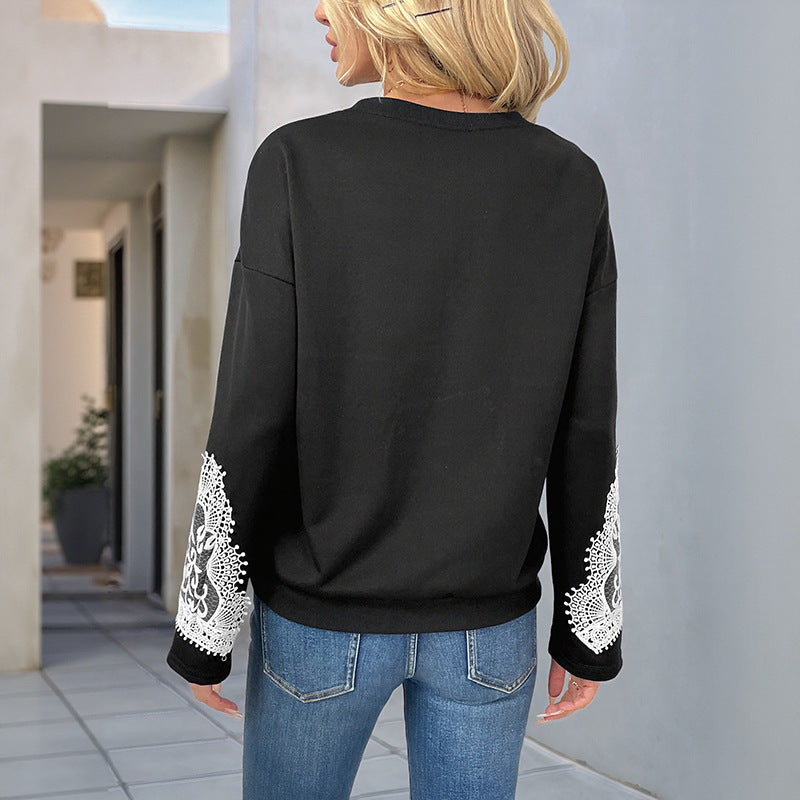 Women's Lace Stitching Round Neck Pullover Top - globaltradeleader