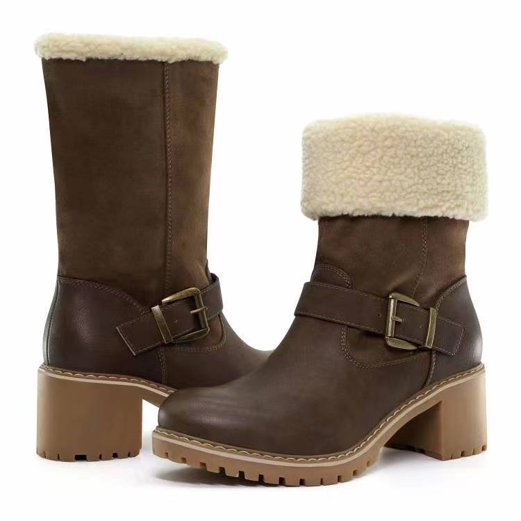 Fashion Boots With Buckle Chunky Heel Shoes Warm Winter Round Toe Western Boots For Women - globaltradeleader