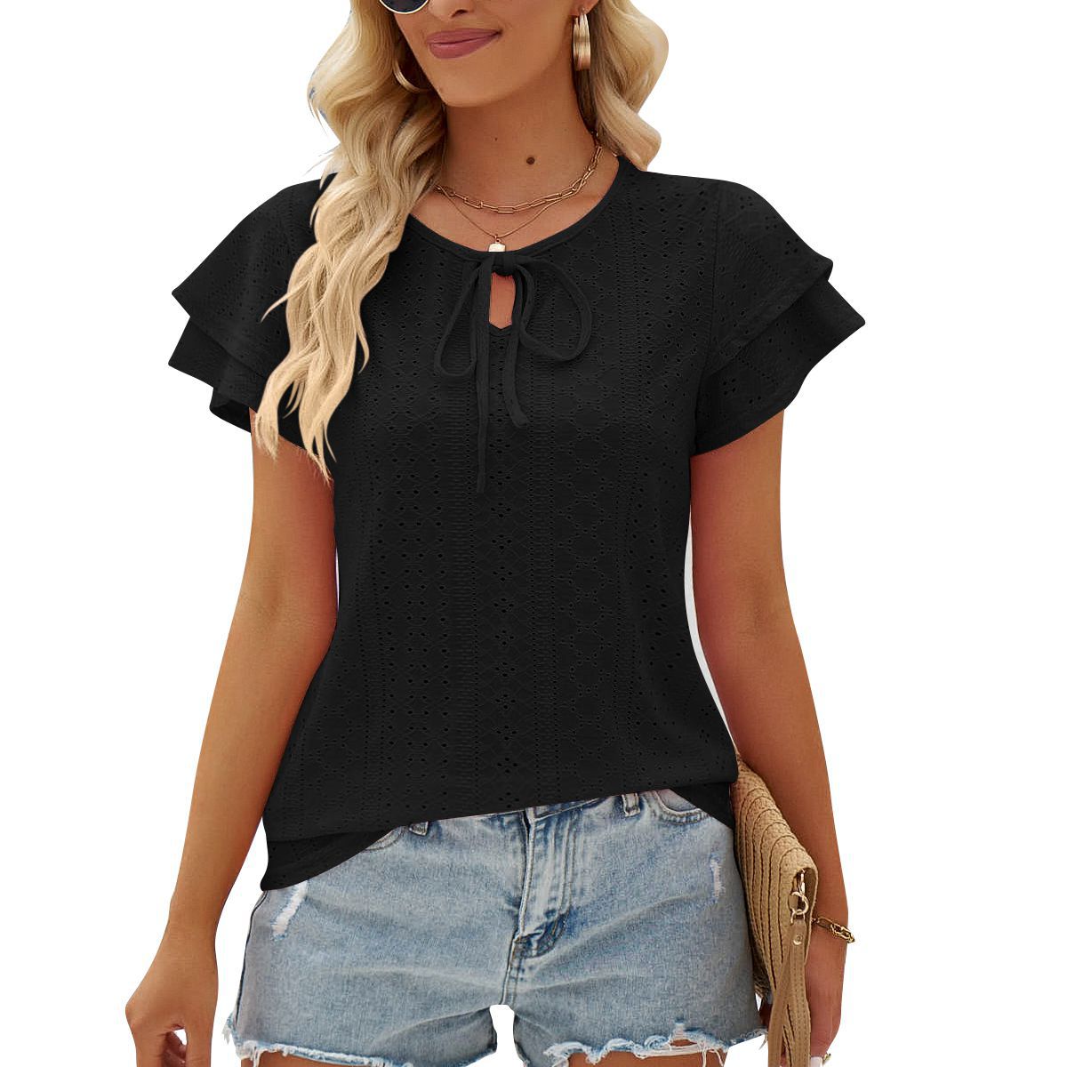 Women's Hole Hollow-out Lace-up Double-layer Sleeve Top - globaltradeleader