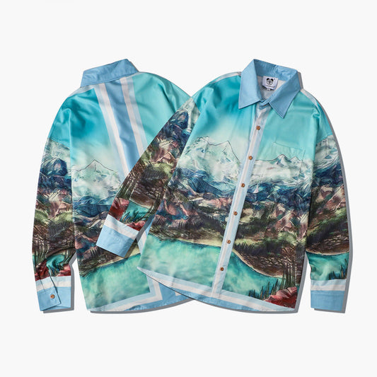 3D Mountain Painting Print Long Sleeve Lapel Casual Shirt