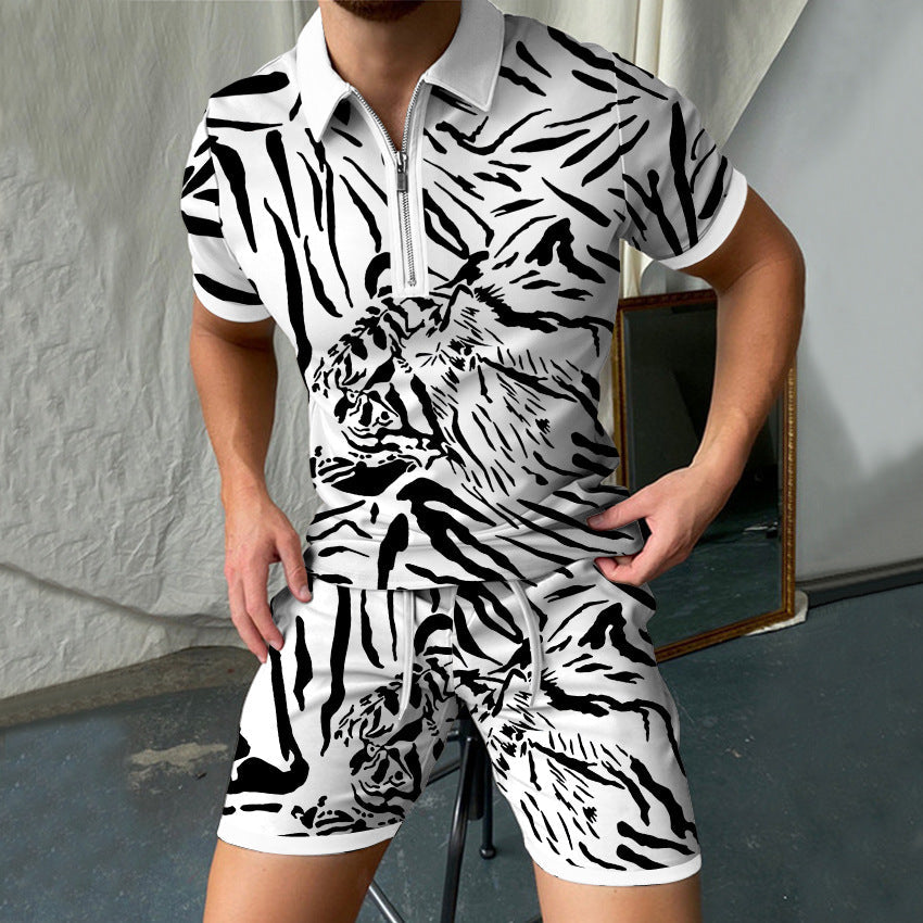 3D Printed Short Sleeve POLO Shirt Suit Men's Zipper Shorts