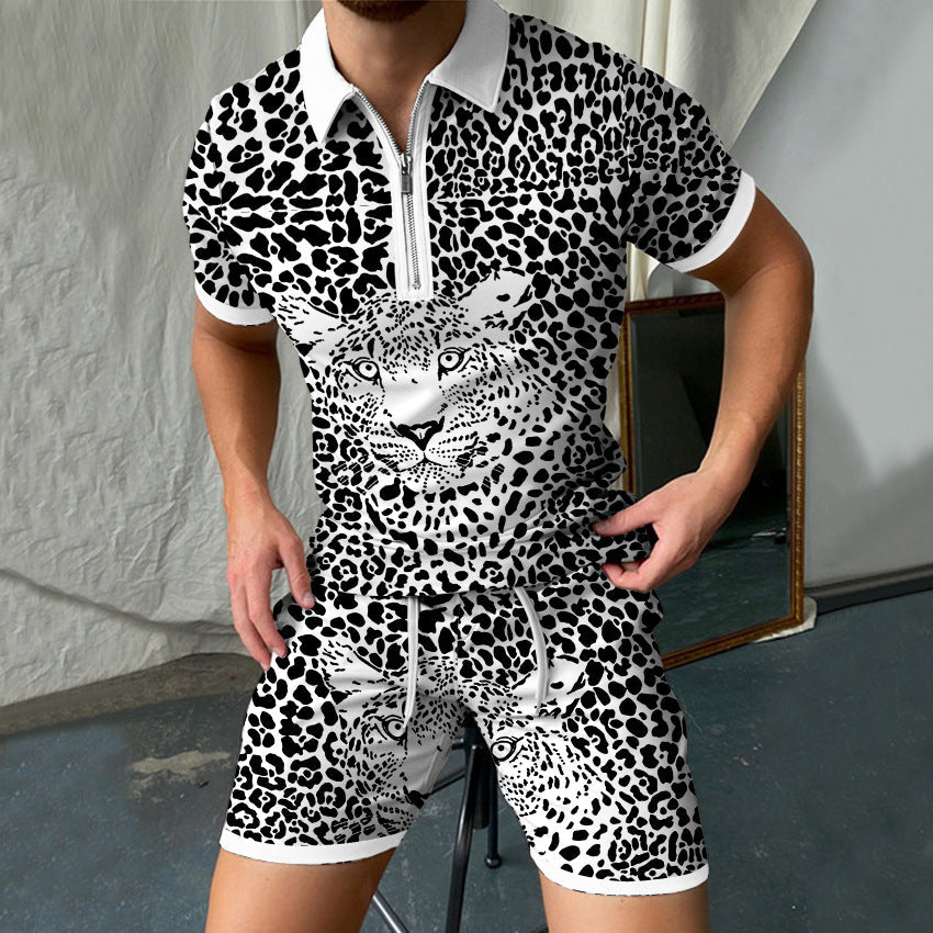 3D Printed Short Sleeve POLO Shirt Suit Men's Zipper Shorts